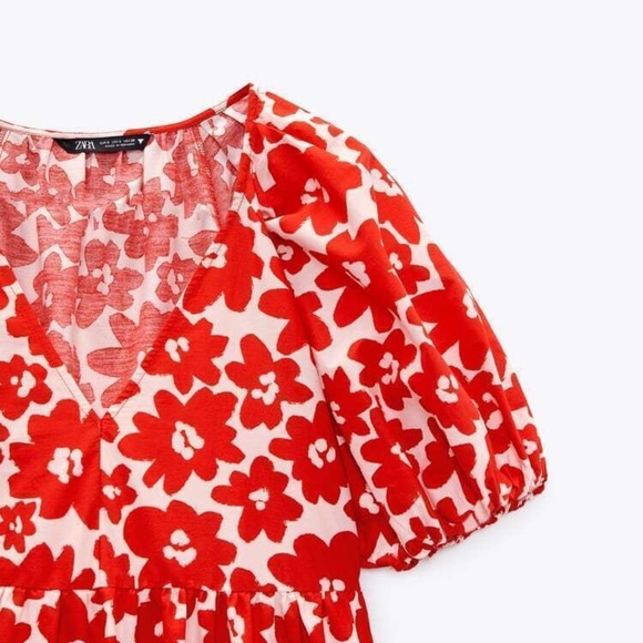 Zara Midi Dress - Red and White V-Neck Poplin Printed Puff Short Sleeve Dress - Picture 5 of 5